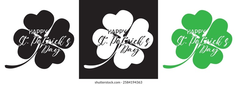 Happy Saint Patrick's Day Cursive Calligraphy Black, white green  Color Text .Can be used as greeting card design. isolated on white and black background. 