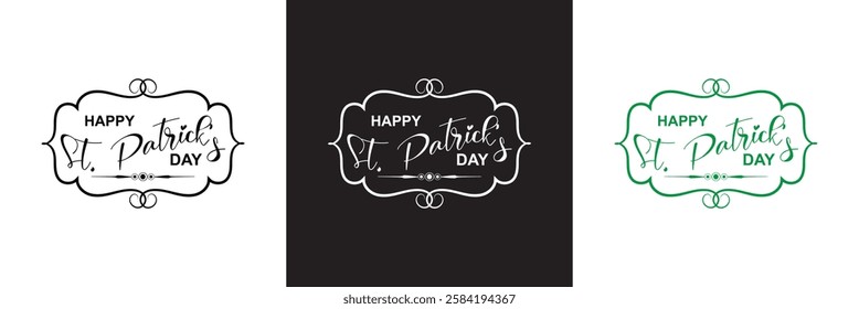 Happy Saint Patrick's Day Cursive Calligraphy Black, white green  Color Text .Can be used as greeting card design. isolated on white and black background. 