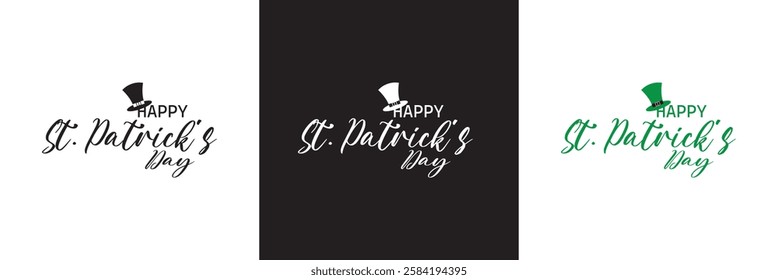 Happy Saint Patrick's Day Cursive Calligraphy Black, white green  Color Text .Can be used as greeting card design. isolated on white and black background. 