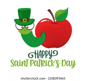 Happy Saint Patrick's Day, cute worm in apple . At doodle leprechaun. Adorable poster for Paddy party, good for t shirts, gifts, mugs or other print designs. Lucky Day.