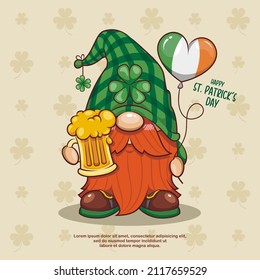 Happy Saint Patrick's Day With Cute Gnome, Beer And Irish Heart Balloon. Cute Cartoon Illustration