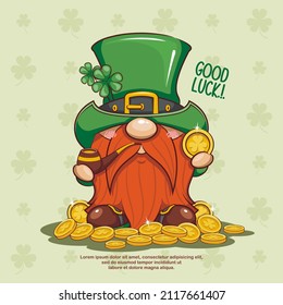 Happy Saint Patrick's Day With Cute Gnome Leprechaun, and Gold Coins. Cute Cartoon Illustration