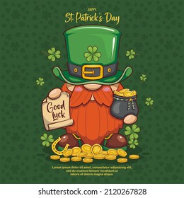 Happy Saint Patrick's Day With Cute Gnome Leprechaun, And Gold Coins. Cute Cartoon Illustration. Good Luck