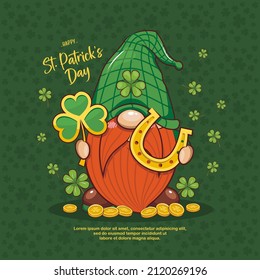 Happy Saint Patrick's Day With Cute Gnome, And Gold Coin. Cute Cartoon Illustration