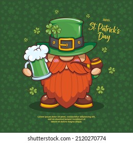 Happy Saint Patrick's Day With Cute Gnome Leprechaun And Beer. Cute Cartoon Illustration