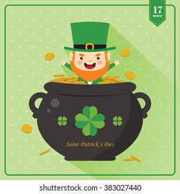Happy Saint Patrick's Day / Cute Leprechaun and pot of gold on green background / vector illustration.