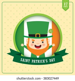 Happy Saint Patrick's Day / Cute Leprechaun and Irish flag on vector background / Vector illustration.