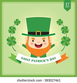 Happy Saint Patrick's Day / Cute Leprechaun, clover and banner on green background / Vector illustration.