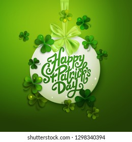 Happy Saint Patrick's day decorative tag with green bow, vector illustration