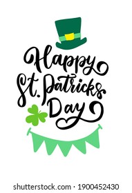 Happy Saint Patricks day design elements. Hand lettering, shamrock cloverleaf, leprechaun hat, garland. Festive greeting card concept vector yand drawn cute illustration. 