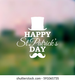 Happy Saint Patrick's Day design poster with top hat, mustache isolated on blur background. Vector illustration