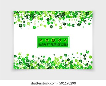 Happy Saint Patrick's Day design greeting card with scattered four leafs clovers and shamrocks isolated on white paper background. Vector illustration