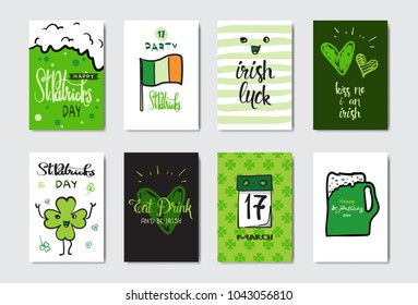 Feliz Día de San Patricio Tarjetas de felicitación Doodle Set Holiday Background Vector Illustración