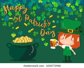 Happy Saint Patrick's day Festival. Irish celebration .Green clover shamrock leaves on Green background for poster, greeting card, party invitation, banner other users Vector illustration