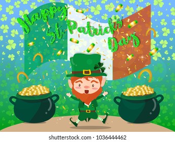 Happy Saint Patrick's day Festival. Irish celebration .Green clover shamrock leaves on Flag background for poster, greeting card, party invitation, banner other users Vector illustration