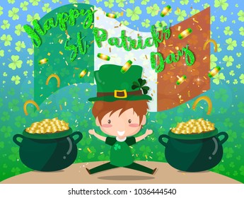 Happy Saint Patrick's day Festival. Irish celebration .Green clover shamrock leaves on Flag background for poster, greeting card, party invitation, banner other users Vector illustration