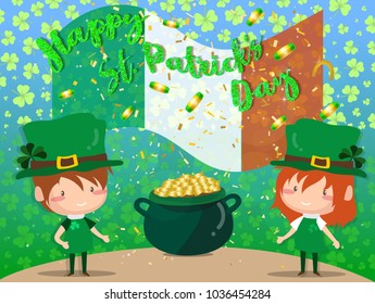 Happy Saint Patrick's day Festival. Irish celebration .Green clover shamrock leaves on flag background for poster, greeting card, party invitation, banner other users Vector illustration