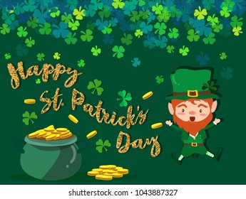 Happy Saint Patrick's day Festival. Irish celebration .Green clover shamrock leaves on Pot of gold background for poster, greeting card, party invitation, banner other users Vector illustration