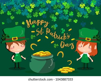Happy Saint Patrick's day Festival. Irish celebration .Green clover shamrock leaves on Pot of gold background for poster, greeting card, party invitation, banner other users Vector illustration