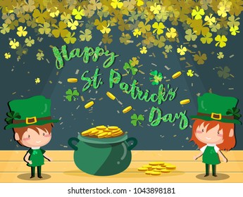 Happy Saint Patrick's day Festival. Irish celebration .Green clover shamrock leaves on pot of gold background for poster, greeting card, party invitation, banner other users Vector illustration