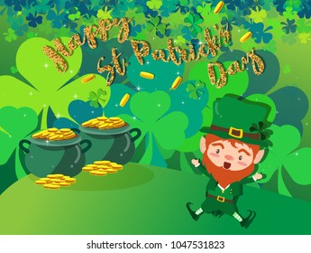 Happy Saint Patrick's day Festival. Irish celebration .Green clover shamrock leaves on Pot of Gold background for poster, greeting card, party invitation, banner other users Vector illustration