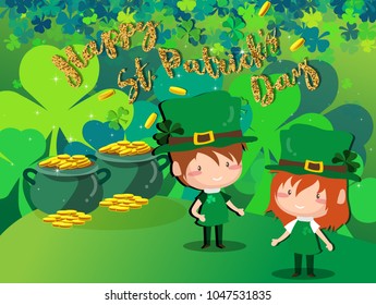 Happy Saint Patrick's day Festival. Irish celebration .Green clover shamrock leaves on Pot of Gold background for poster, greeting card, party invitation, banner other users Vector illustration