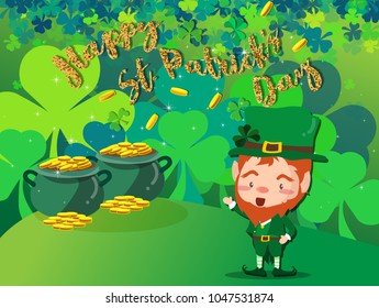 Happy Saint Patrick's day Festival. Irish celebration .Green clover shamrock leaves on Pot of Gold background for poster, greeting card, party invitation, banner other users Vector illustration