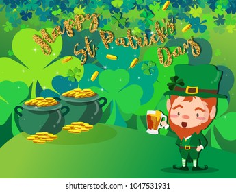 Happy Saint Patrick's day Festival. Irish celebration .Green clover shamrock leaves on Pot of Gold background for poster, greeting card, party invitation, banner other users Vector illustration