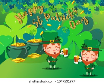 Happy Saint Patrick's day Festival. Irish celebration .Green clover shamrock leaves on Pot of Gold background for poster, greeting card, party invitation, banner other users Vector illustration