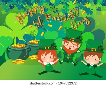 Happy Saint Patrick's day Festival. Irish celebration .Green clover shamrock leaves on Pot of Gold background for poster, greeting card, party invitation, banner other users Vector illustration