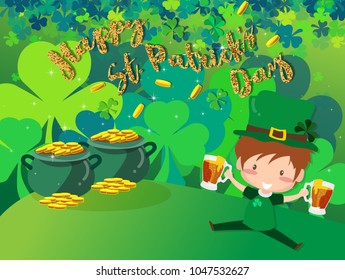 Happy Saint Patrick's day Festival. Irish celebration .Green clover shamrock leaves on Pot of Gold background for poster, greeting card, party invitation, banner other users Vector illustration