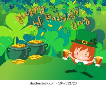 Happy Saint Patrick's day Festival. Irish celebration .Green clover shamrock leaves on Pot of Gold background for poster, greeting card, party invitation, banner other users Vector illustration