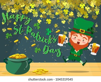 Happy Saint Patrick's day Festival.Irish celebration.Green clover shamrock leaves on pot of gold background for poster,greeting card,party invitation,banner other users Vector illustration
