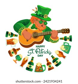 Happy Saint Patricks Day. Festive composition with a cute leprechaun, guitar, and beer on a white background. Hand-drawn lettering. Spring holiday March 17 Saint Patrick. Sticker. Vector illustration.