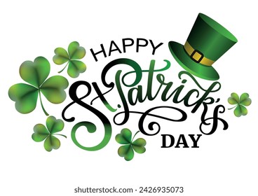 Happy Saint Patricks day festive banner or sign with lettering, clover leaves and green hat. Vector colorful illustration.