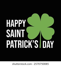 Happy Saint Patrick's day festive banner with clover leaf icon on black background. St Patricks Day social media, banner, poster, greeting card. Irish elements, sticker, label, tag vector illustration