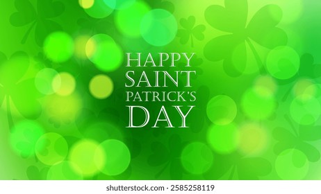 Happy Saint Patrick's Day festive banner. Bokeh lights and green color gradient background. Vector illustration.