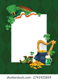 Happy Saint Patrick's Day festive banner with leprechaun gold coins pot, vector greeting card. Shamrock clovers, Irish flag and rainbow with celtic harp and green beer for St Patrick frame banner