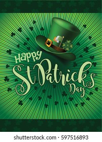 Happy Saint Patrick's Day festive hat, burst, text and shamrock background design. For celebration of St. Patrick's Day. EPS 10 vector.