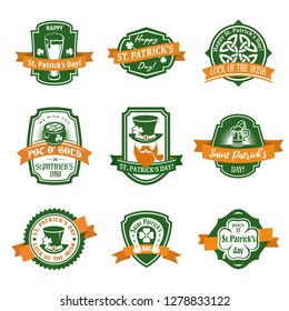 happy saint patrick's day flat vector logo design elements template set english classic vacation star spring holiday edge ceremony leaf sign celebration plane green set vintage classical flag letterhe