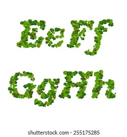 Happy Saint Patrick's Day font, alphabet letters and digits from clover with ladybugs