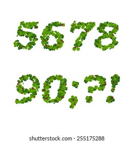 Happy Saint Patrick's Day font, alphabet letters and digits from clover with ladybugs