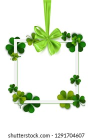 Happy Saint Patrick's Day frame with decorative green bow and shamrock leaves, vector illustration
