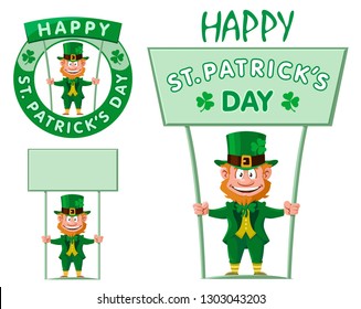 Happy Saint Patrick's Day. Funny leprechaun holds banner. Cartoon styled vector illustration. Elements is grouped. On white background. No gradient, no transparent objects.