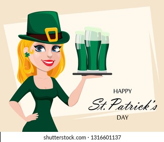 Happy Saint Patrick's Day. Funny cartoon character with green hat. Cute woman in costume of leprechaun holding three glasses of green beer. Vector illustration