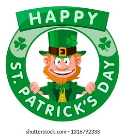 Happy Saint Patrick's Day. Funny leprechaun congratulates you. Cartoon styled vector illustration. Elements is grouped. No transparent objects.