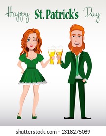 Happy Saint Patrick's Day. Funny cartoon character with green hat. Cute woman and man in costume of leprechaun holding beer. Vector illustration