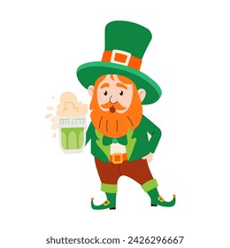 Feliz día de San Patricio. Divertido duende en sombrero verde con cerveza. Lindo personaje de dibujos animados. Barba roja. Ilustración vectorial para tarjeta de felicitación, invitación, banner web, carteles.