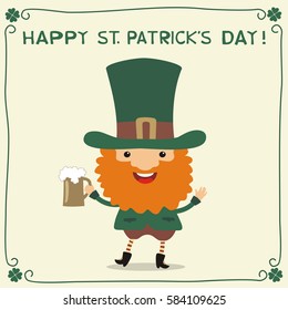 Happy Saint Patrick's Day! Funny leprechaun with beer. National Irish holiday.