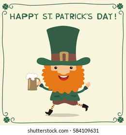 Happy Saint Patrick's Day! Funny leprechaun with beer in cartoon style. National Irish holiday.